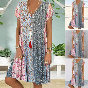 Damen Kurzarm Blumenmuster V-Ausschnitt Kleid