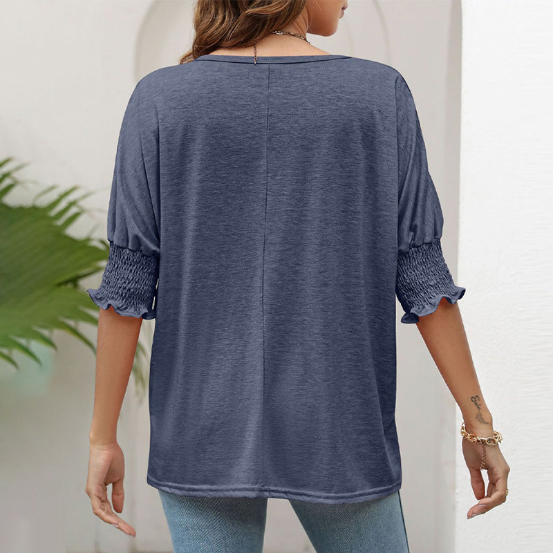 Damen T-Shirt mit einfarbigem Rüschenbesatz und gerafften Bischofsärmeln