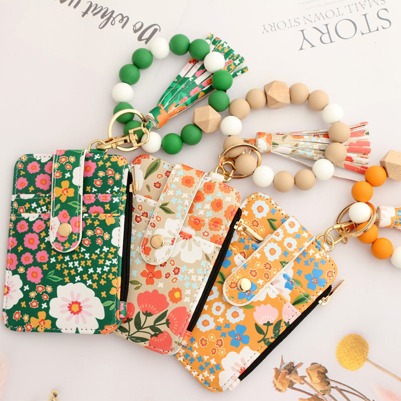Florale Lederbrieftasche mit Schlüsselanhänger und Armband
