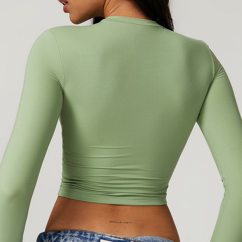 Schnelltrocknendes, langärmliges Crop-T-Shirt mit Rundhalsausschnitt