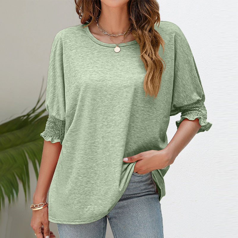 Damen T-Shirt mit einfarbigem Rüschenbesatz und gerafften Bischofsärmeln