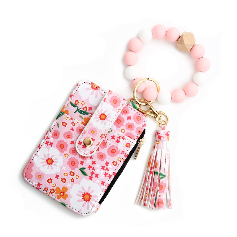 Florale Lederbrieftasche mit Schlüsselanhänger und Armband