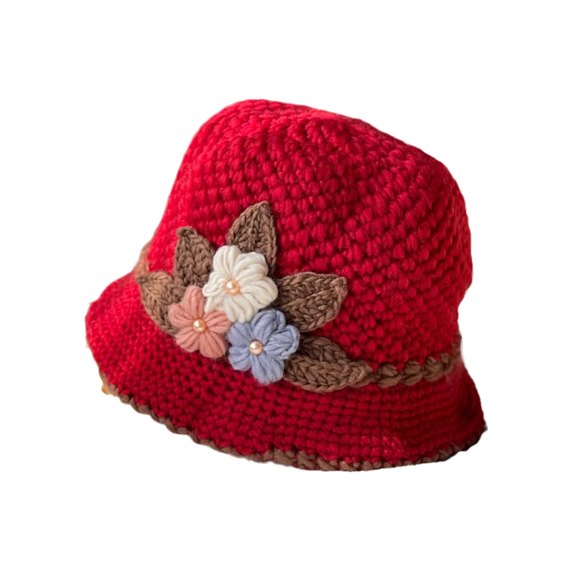 Verdickte Damen-Wollmütze mit Blumenmuster