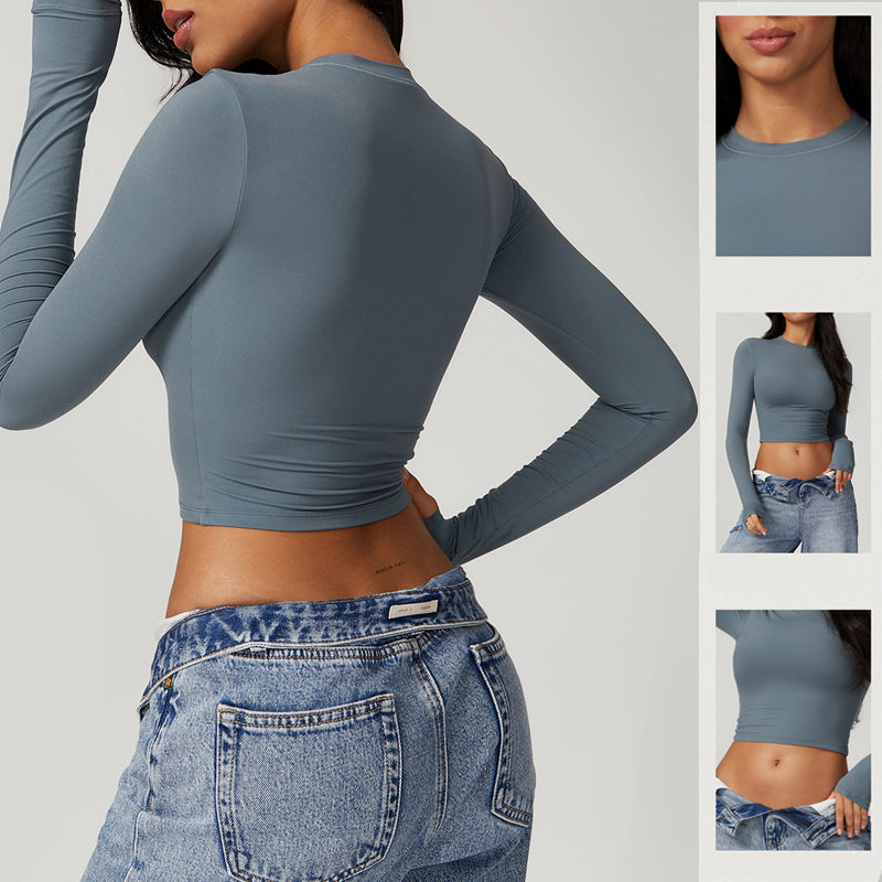 Schnelltrocknendes, langärmliges Crop-T-Shirt mit Rundhalsausschnitt
