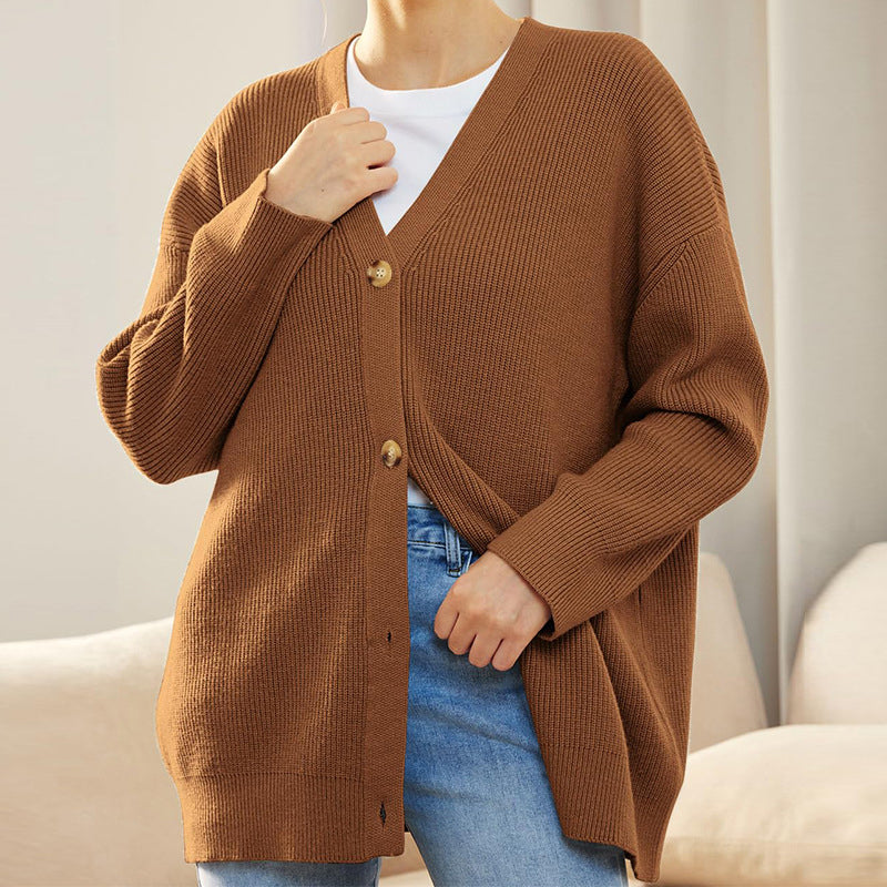 Einfarbiger Pullover mit geknöpftem V-Ausschnitt