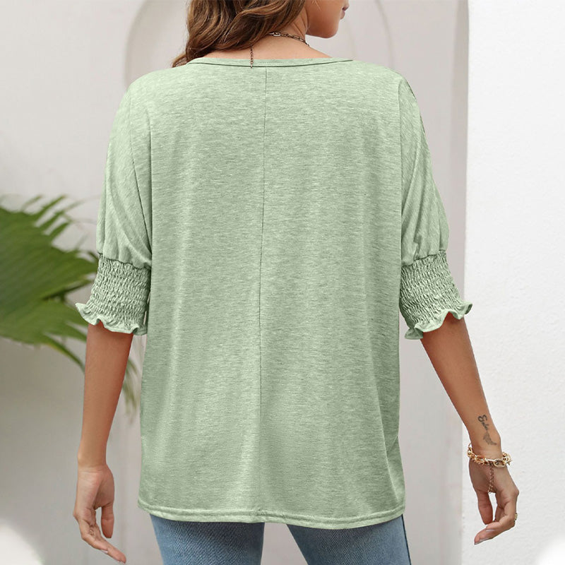 Damen T-Shirt mit einfarbigem Rüschenbesatz und gerafften Bischofsärmeln