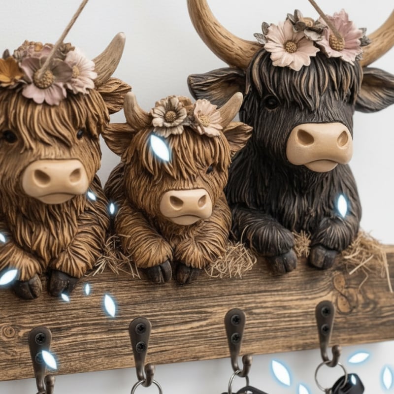 Schlüsselanhänger aus Holz mit Hochlandrind-Motiv