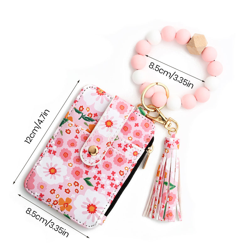 Florale Lederbrieftasche mit Schlüsselanhänger und Armband