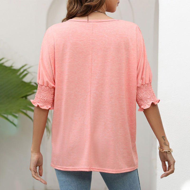 Damen T-Shirt mit einfarbigem Rüschenbesatz und gerafften Bischofsärmeln