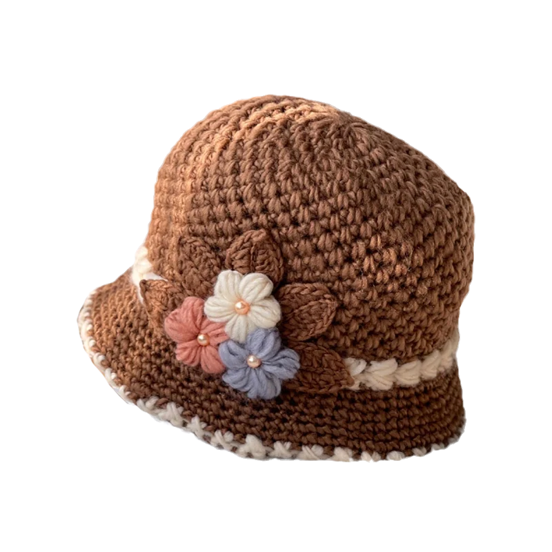 Verdickte Damen-Wollmütze mit Blumenmuster
