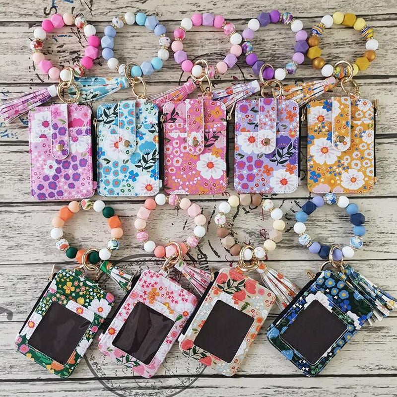 Florale Lederbrieftasche mit Schlüsselanhänger und Armband