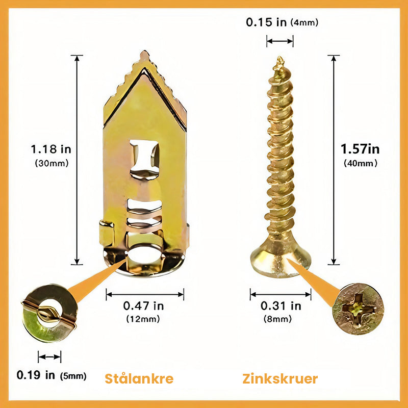 Gipsvæg Udlægningsankre + Højstyrk Zink Skruer Kit (Pakke med 100)