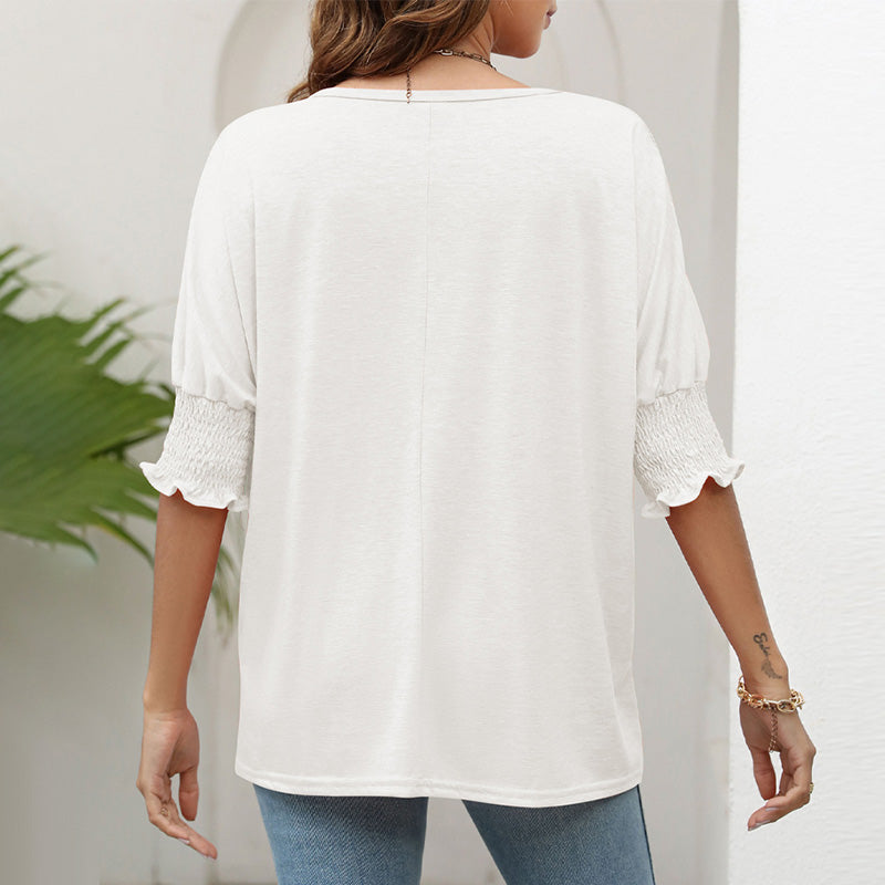 Damen T-Shirt mit einfarbigem Rüschenbesatz und gerafften Bischofsärmeln