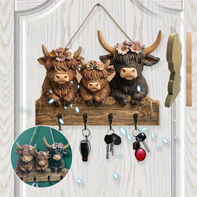 Schlüsselanhänger aus Holz mit Hochlandrind-Motiv