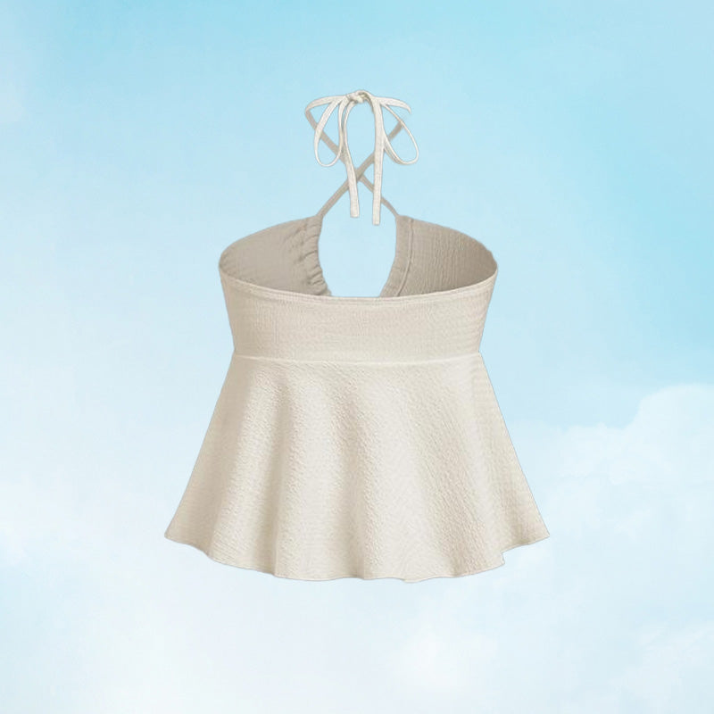 Strukturiertes rückenfreies, gerüschtes Neckholder-Crop-Top