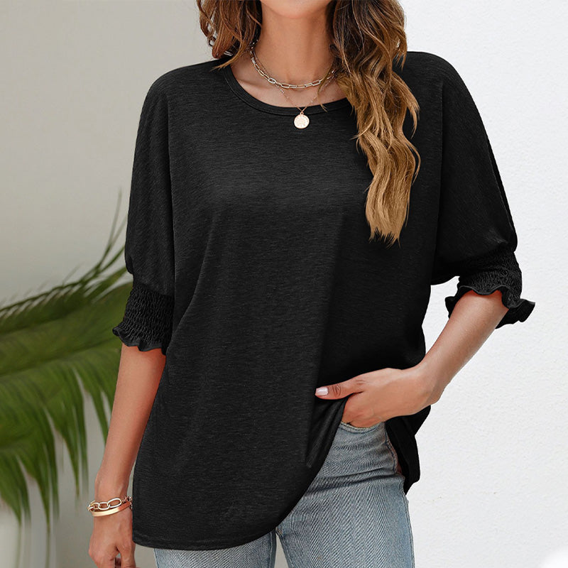Damen T-Shirt mit einfarbigem Rüschenbesatz und gerafften Bischofsärmeln