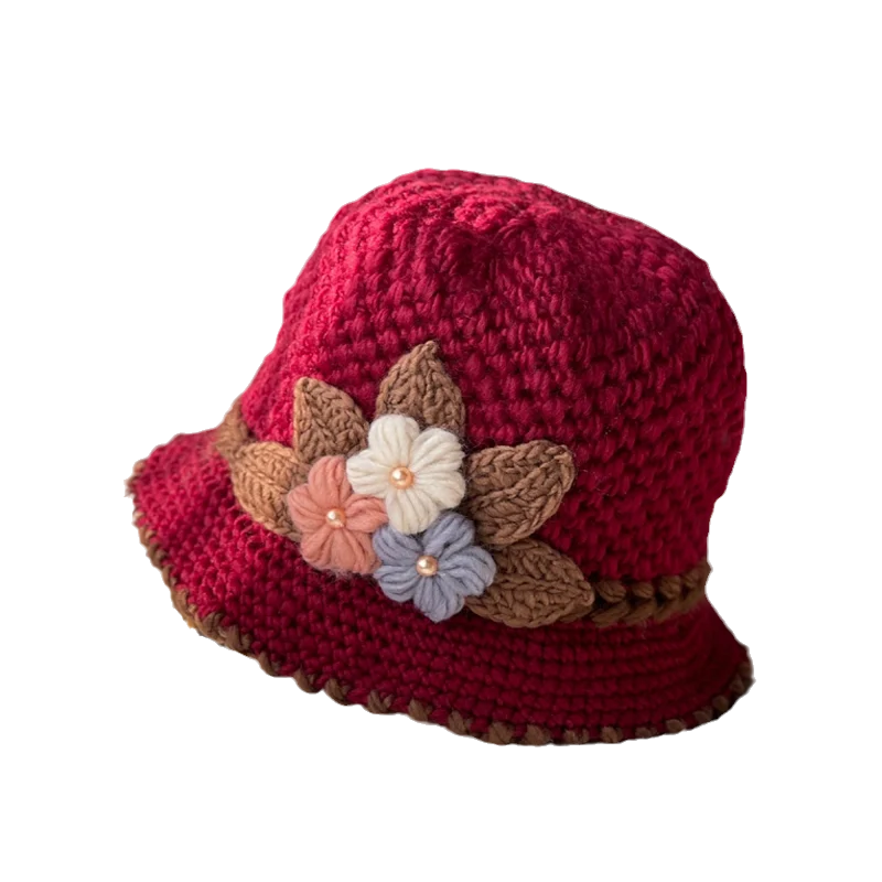 Verdickte Damen-Wollmütze mit Blumenmuster