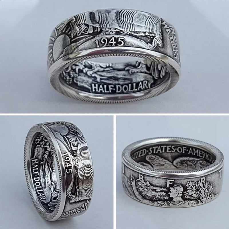 1945 gravierter Halbdollar Münz Ring