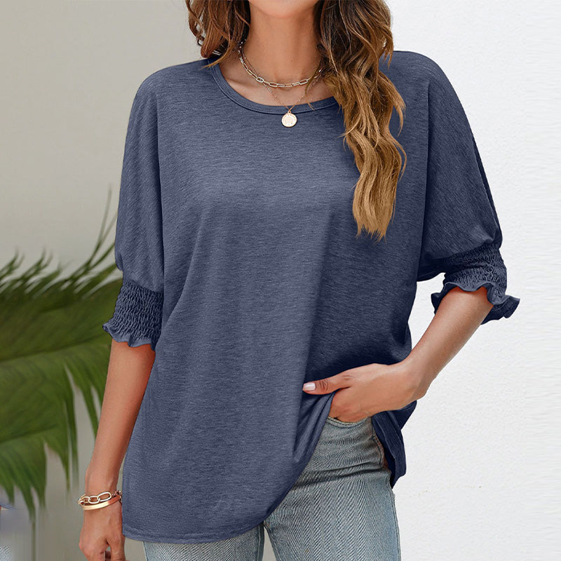 Damen T-Shirt mit einfarbigem Rüschenbesatz und gerafften Bischofsärmeln