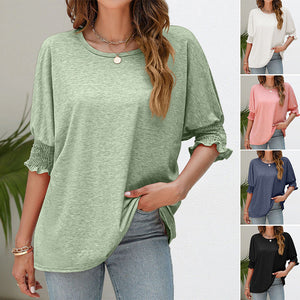 Damen T-Shirt mit einfarbigem Rüschenbesatz und gerafften Bischofsärmeln