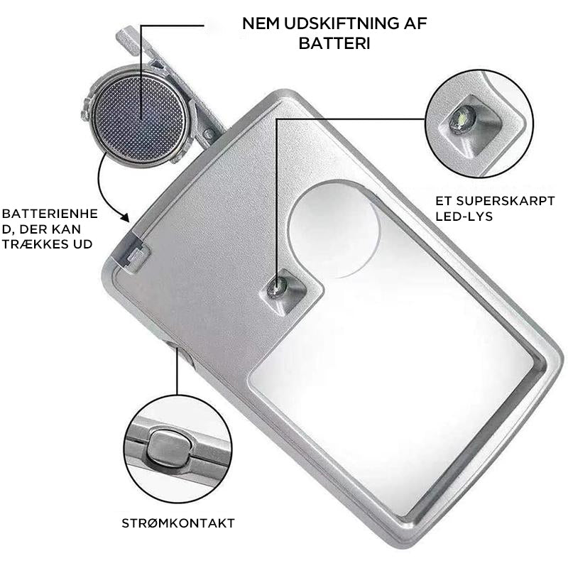 Led-kortforstørrelsesglas til læsning