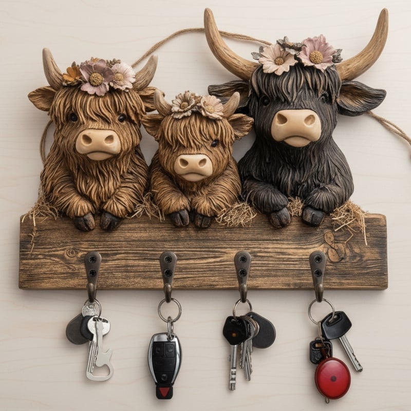 Schlüsselanhänger aus Holz mit Hochlandrind-Motiv