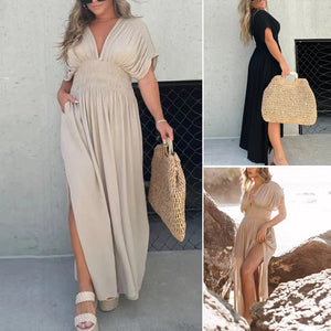 Lässiges, langes Maxikleid mit Schlitz und V-Ausschnitt