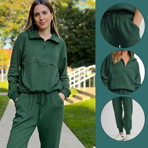 Langarm-Pullover mit halbem Reißverschluss Sweatshirt-Jogger-Set