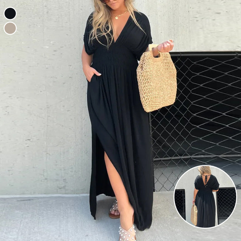 Lässiges, langes Maxikleid mit Schlitz und V-Ausschnitt