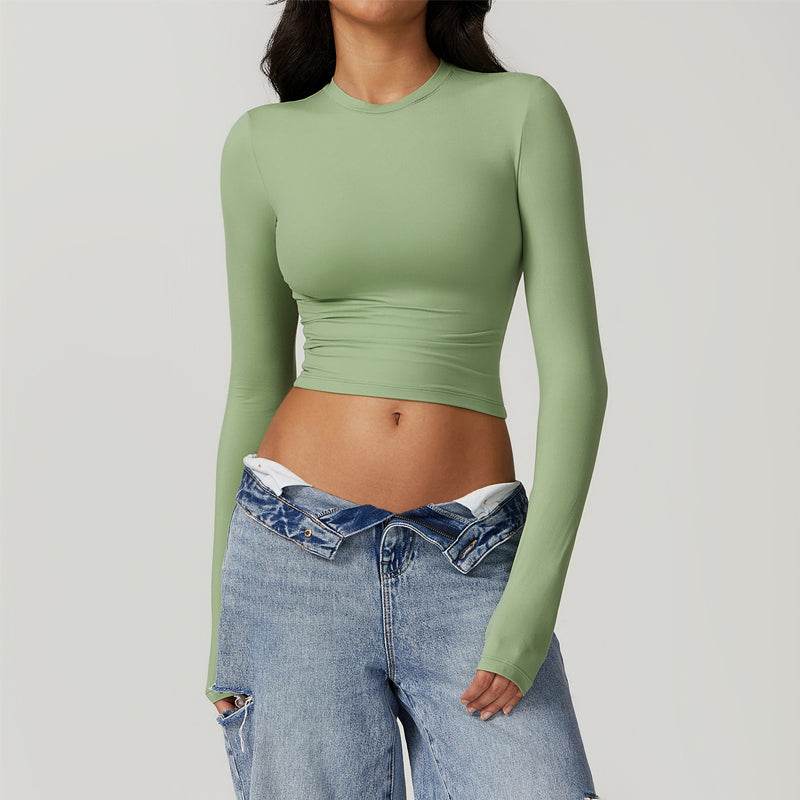 Schnelltrocknendes, langärmliges Crop-T-Shirt mit Rundhalsausschnitt