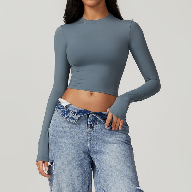 Schnelltrocknendes, langärmliges Crop-T-Shirt mit Rundhalsausschnitt
