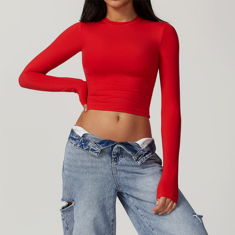 Schnelltrocknendes, langärmliges Crop-T-Shirt mit Rundhalsausschnitt