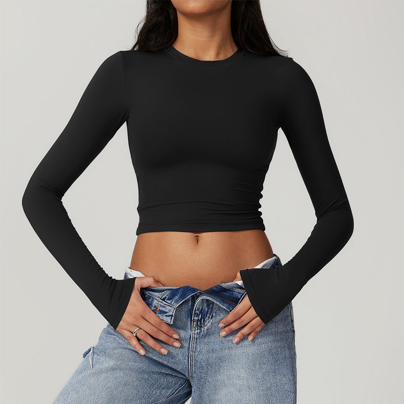 Schnelltrocknendes, langärmliges Crop-T-Shirt mit Rundhalsausschnitt