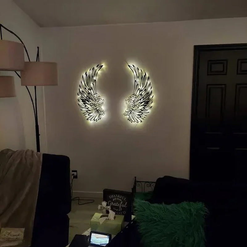 Sorte englevinger i metal vægkunst med LED-lys