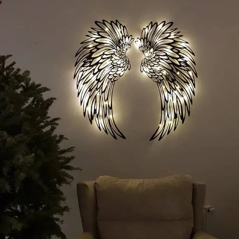 Sorte englevinger i metal vægkunst med LED-lys