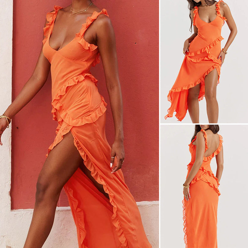 Elegantes einfarbiges Rüschenkleid mit V-Ausschnitt