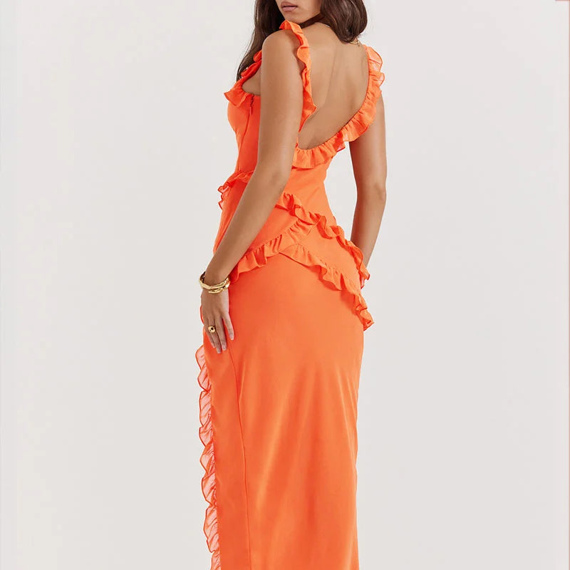 Elegantes einfarbiges Rüschenkleid mit V-Ausschnitt