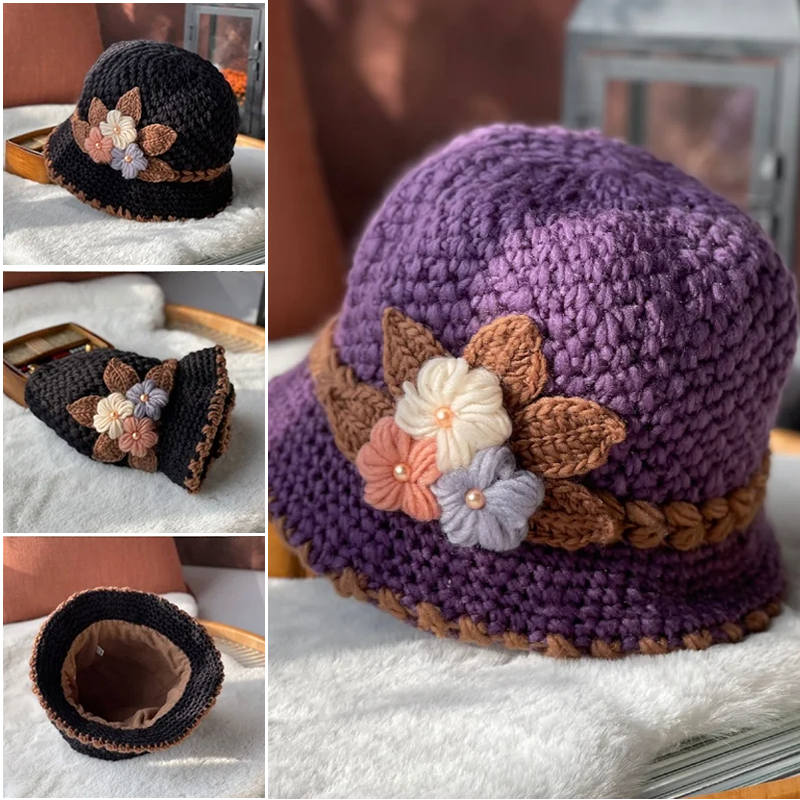Verdickte Damen-Wollmütze mit Blumenmuster