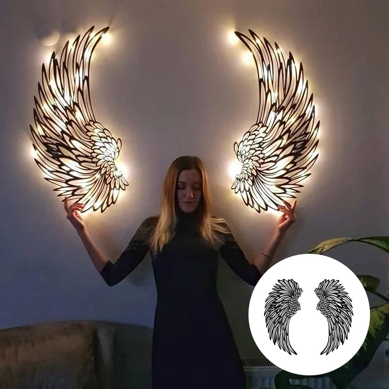 Sorte englevinger i metal vægkunst med LED-lys
